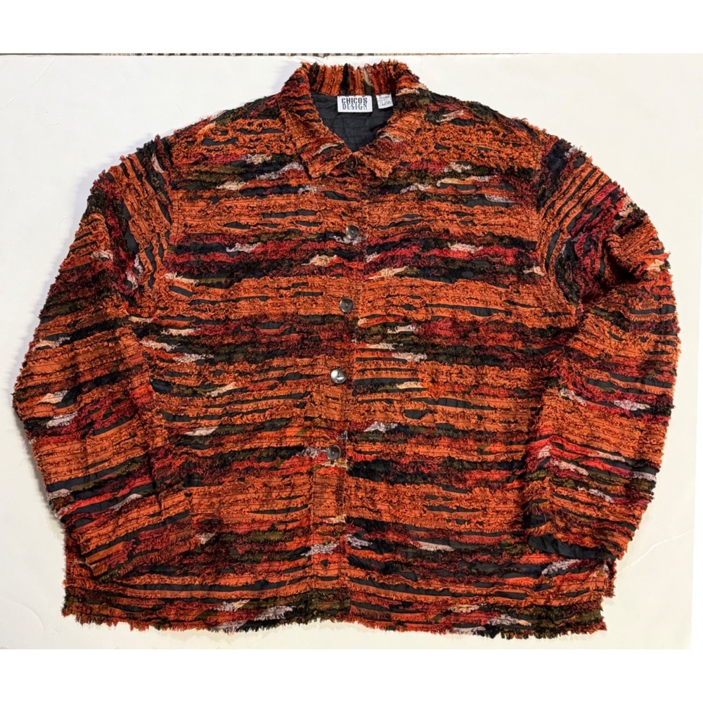 Chicos Design 100% Silk Ribbon Fringe Jacket Orange Red Black Sz 3 Vintage Boho